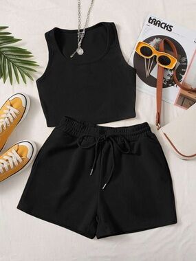 Shein Comfortcana Plus Solid Tank Top and Track Shorts Set - Black